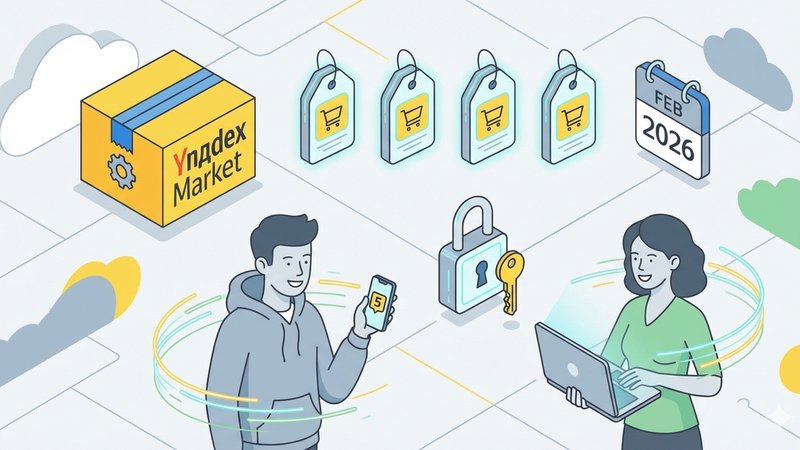 Современная иллюстрация для статьи о промокодах Яндекс Маркет для новых пользователей в феврале 2026 года.